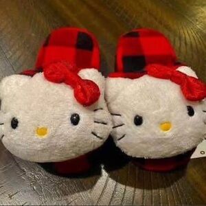 Hello Kitty Plush Scuff Slippers – Red Buffalo Plaid (Size 11/12)